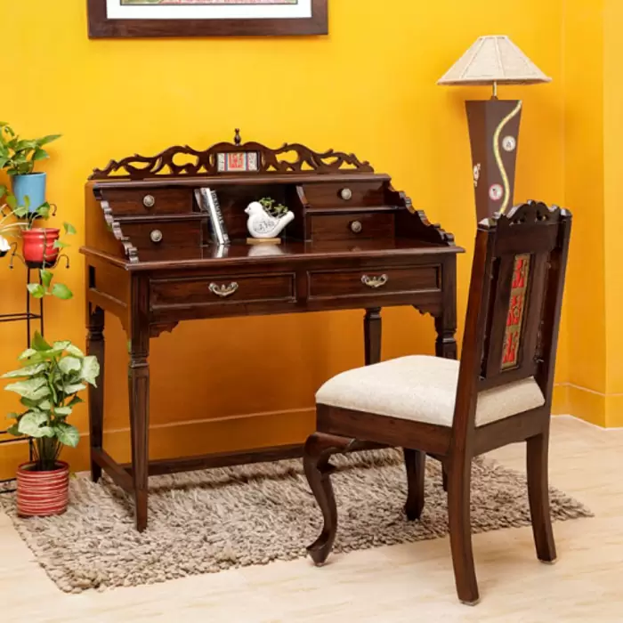 ₹ 57.479 Handcrafted Teak Wood Study Table and Chair – Uniq